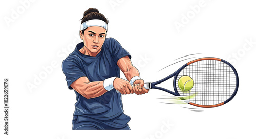 Powerful female tennis player hitting forehand in an illustration style.