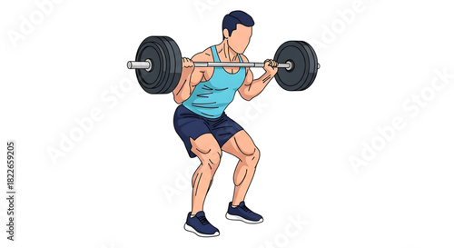 Weightlifting Squat Exercise Illustration Depicting Strength and Fitness on White Background.