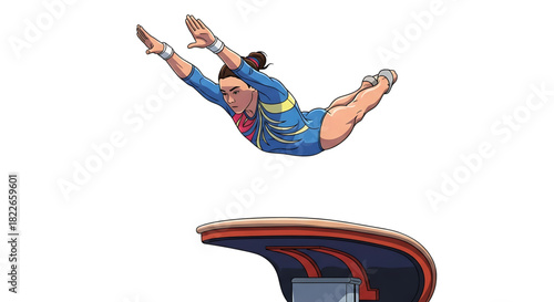 Artistic rendition of a gymnast mid-air during vault performance.