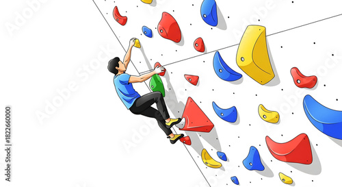 Illustrated climber skillfully ascending a vibrant indoor rock climbing wall
