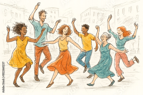 Colorful illustration of diverse people dancing joyfully in an outdoor urban plaza, celebrating community and movement.