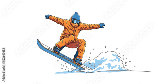 Cartoon snowboarder performing trick with style and grace on snow mountain
