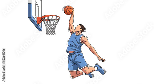 Basketball Player Cartoon Dunking with Ball in the Air Near Hoop