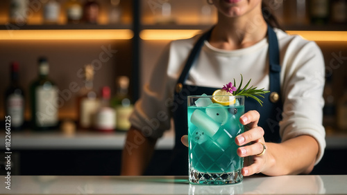 Wallpaper Mural Young woman holding colorful alcohol-free gin cocktail at bar Torontodigital.ca