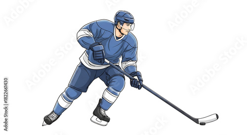 Focused hockey player illustration in blue uniform skating with determination
