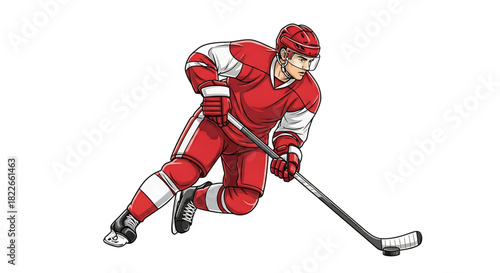 Dynamic ice hockey player in red uniform skating fast illustration