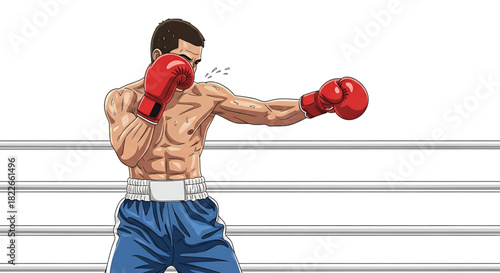 Intense boxer throwing a punch in the ring under pressure cartoon