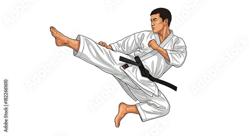 Dynamic Karate Master Performing a Flying Kick with Sharp Focus