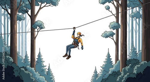 Woman having fun zip-lining through a lush forest adventure park.