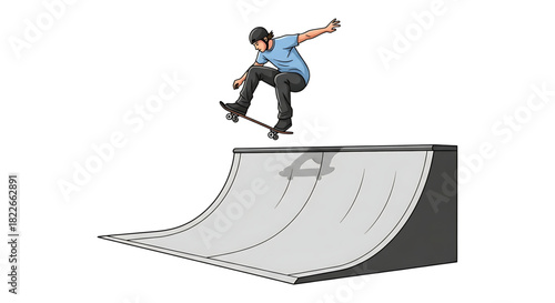 Skateboarder executing an impressive trick over a half pipe ramp outdoors.