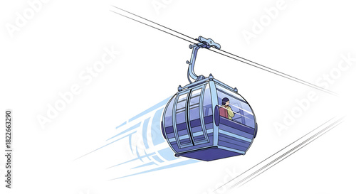 A lone gondola traverses the mountain sky on a cable line.