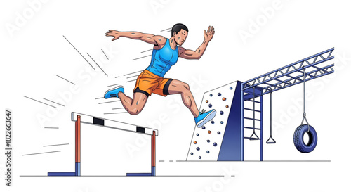 Agile Athlete Leaping Over Obstacles in a Dynamic Fitness Course Illustration
