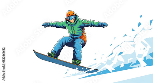 Snowboarder carving through snow, freestyle winter sport adventure illustration.
