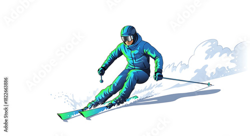 Dynamic illustration of a skier carving through the snowy slopes with speed.