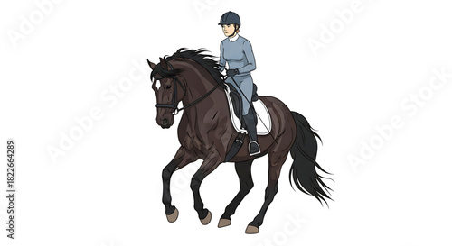 Animated equestrian artwork: a rider on a dark horse illustration.