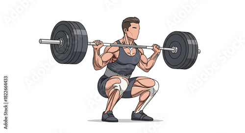 Illustrated powerlifter performing barbell squat with intense focus on strength training
