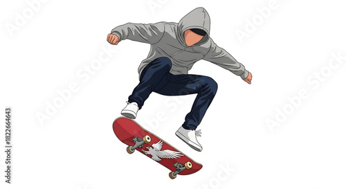 Graphic illustration of a skateboarder performing a jump with style and grace.