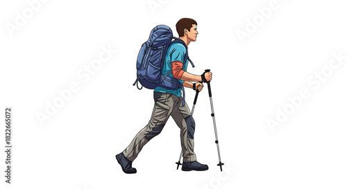 Adventurer Hiker with Backpack Climbing Mountains, Isolated Against White Background, Vector Art