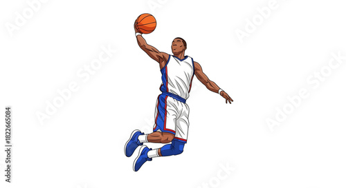 Energetic basketball player soaring mid-air for a slam dunk illustration.