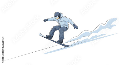 Cartoon snowboarder riding down mountain with stylistic snow track illustration.