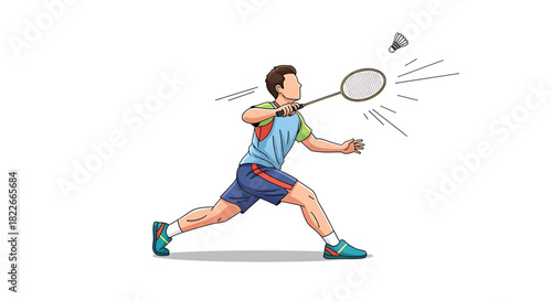 Dynamic badminton player hitting shuttlecock with powerful swing illustration vector