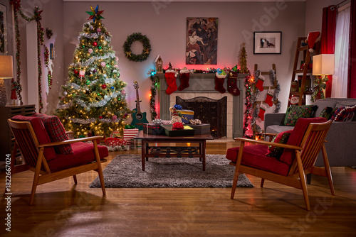 Cozy living room decorated for christmas with a beautifully lit tree and festive stockings