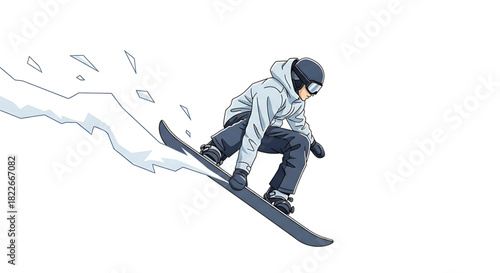 Dynamic snowboarder illustration against a clean, bright white background scene.
