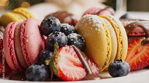 Colorful Macarons With Fresh Berries Delicious Dessert Platter