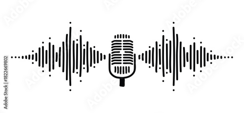 Vintage microphone with sound waveform audio visualization on white background