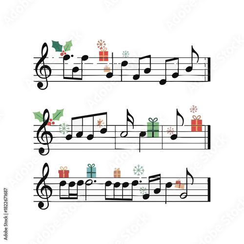 Holiday sheet music with decorations and gifts for festive season  