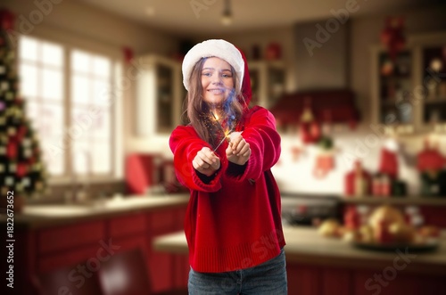 Canvas Print Happy funny child girl with fire sparklers in Christmas background