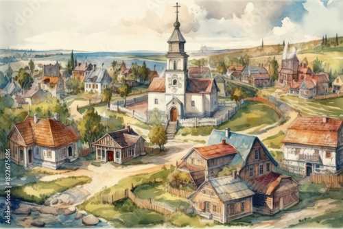 Fototapeta Naklejka Na Ścianę i Meble -  An atmospheric watercolor illustration of a small ancient settlement with a church in the center.   