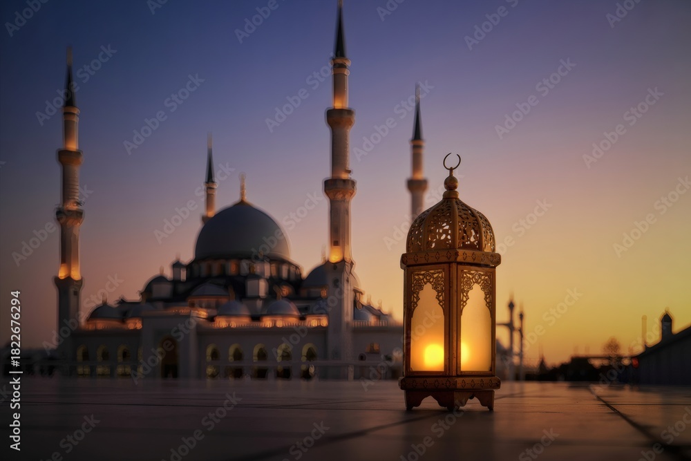 Fototapeta premium Ramadan lantern and mosque at dusk