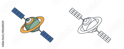 Funny cosmic space satellite flat vector illustration with solar panels and planet ring element in green orange and blue colors isolated