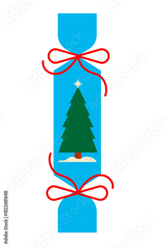 Blue Christmas cracker illustration with red ribbon bows and Christmas tree. Festive, winter holiday PNG. Perfect for Xmas party decor, Christmas social posts, TikTok, IG reels overlays. High-res	