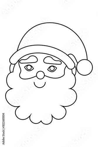 Cute black outline of smiling Santa Claus with hat, fluffy beard, round nose. Minimal line drawing Christmas character for coloring pages, holiday crafts, decorations, festive designs. High-res PNG