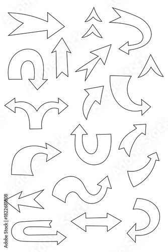 Collection of black outline arrows in various styles and directions. Hand-drawn arrow doodle set: straight, curved, zigzag, U-turn, and double-headed designs on white background for navigation. PNG