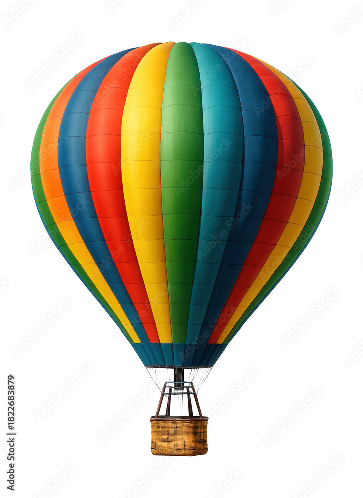 Naklejka premium Vibrant striped hot air balloon with a wicker basket.