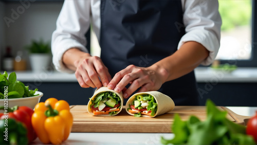 Young chef preparing vibrant vegan wrap at food counter