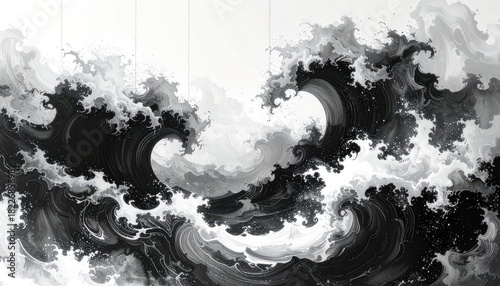 Fototapeta Naklejka Na Ścianę i Meble -  Dramatic Ocean Waves - Black and White Abstract Art Print - Powerful Coastal Scene for Wall Decor and Serene Atmosphere