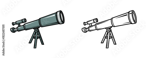 Modern astronomy telescope flat vector illustration with a finder scope on a sturdy tripod stand in dark turquoise and gray colors isolated