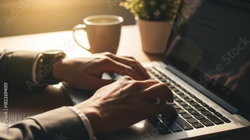 Man types on laptop with coffee cup and plant nearby on a desk