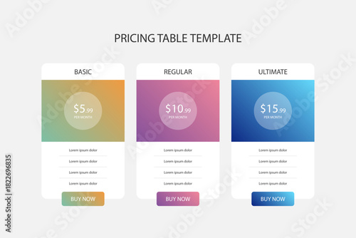 Modern pricing table template with three tiers for business websites