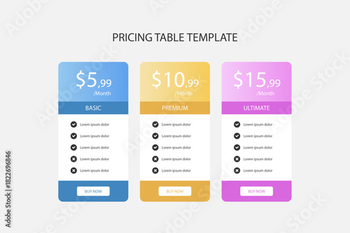 Modern pricing table template with three tiers for business websites
