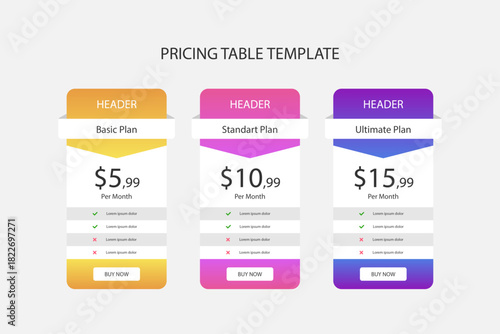 Modern pricing table template with three tiers for business websites
