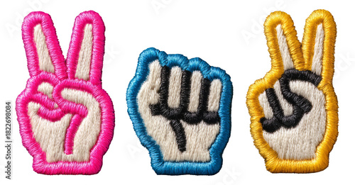 Colorful Peace Hand Symbols Embroidered Patches on Transparent Background