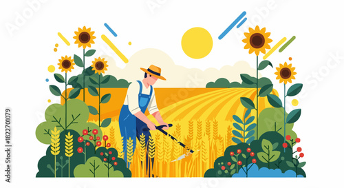Farmer diligently working in a vibrant agricultural field.