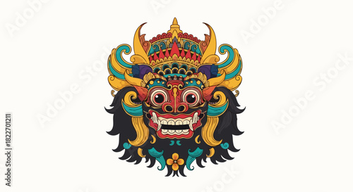 Vibrant Balinese Barong Mask Illustration with Intricate Details.