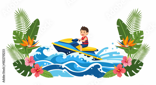 Boy riding a jet ski on a sunny day with tropical leaves and flowers.
