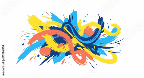 Dynamic abstract composition of colorful paint brush strokes and splatters.